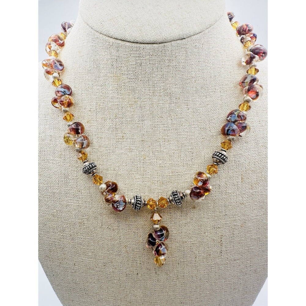 925 Sterling Art Glass Bead Marcasite Toggle Necklace 17.5”